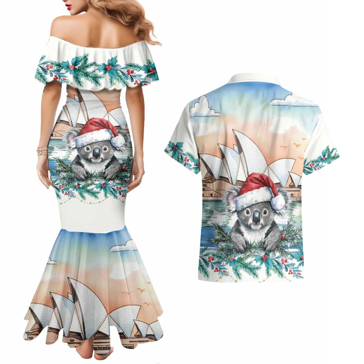 Australia Christmas Couples Matching Mermaid Dress and Hawaiian Shirt Koala Santa Sydney Opera House Watercolor - Aussie Hoodie