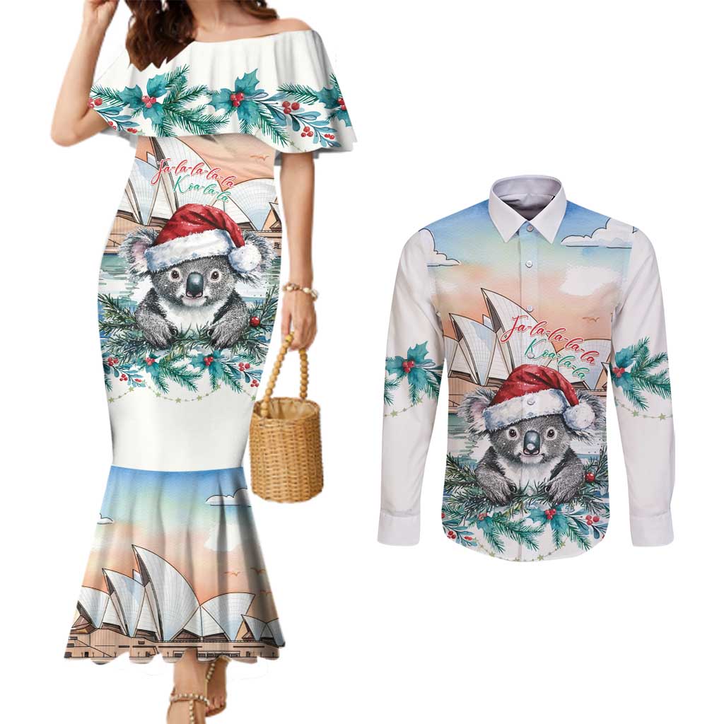 Australia Christmas Couples Matching Mermaid Dress and Long Sleeve Button Shirt Koala Santa Sydney Opera House Watercolor - Aussie Hoodie