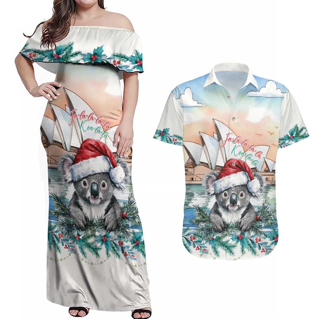 Australia Christmas Couples Matching Off Shoulder Maxi Dress and Hawaiian Shirt Koala Santa Sydney Opera House Watercolor - Aussie Hoodie