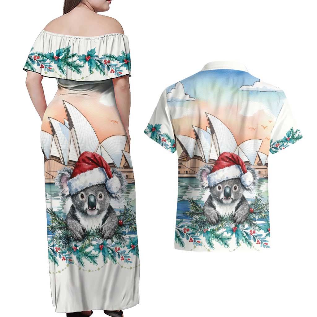 Australia Christmas Couples Matching Off Shoulder Maxi Dress and Hawaiian Shirt Koala Santa Sydney Opera House Watercolor - Aussie Hoodie