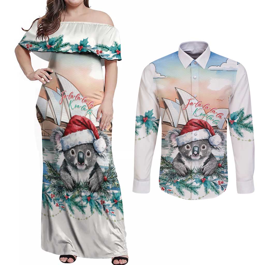 Australia Christmas Couples Matching Off Shoulder Maxi Dress and Long Sleeve Button Shirt Koala Santa Sydney Opera House Watercolor - Aussie Hoodie