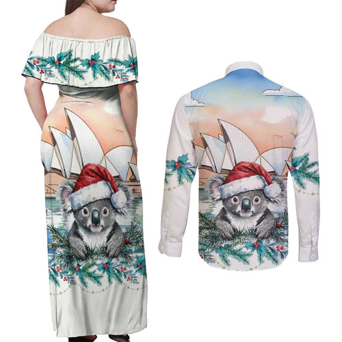 Australia Christmas Couples Matching Off Shoulder Maxi Dress and Long Sleeve Button Shirt Koala Santa Sydney Opera House Watercolor - Aussie Hoodie