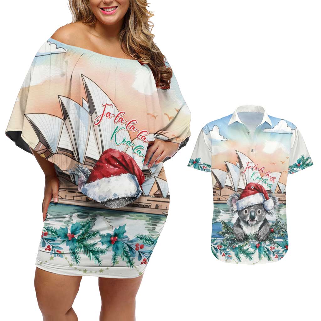 Australia Christmas Couples Matching Off Shoulder Short Dress and Hawaiian Shirt Koala Santa Sydney Opera House Watercolor - Aussie Hoodie