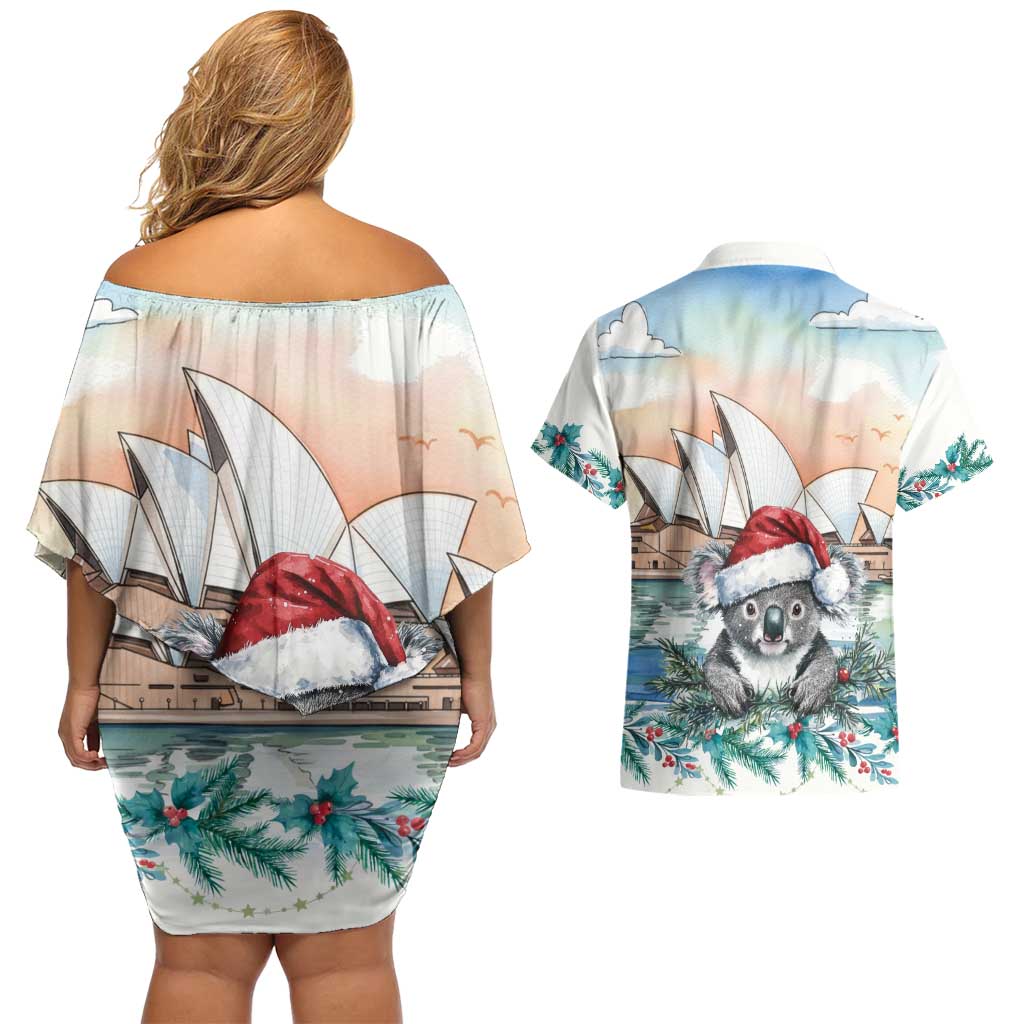 Australia Christmas Couples Matching Off Shoulder Short Dress and Hawaiian Shirt Koala Santa Sydney Opera House Watercolor - Aussie Hoodie
