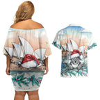 Australia Christmas Couples Matching Off Shoulder Short Dress and Hawaiian Shirt Koala Santa Sydney Opera House Watercolor - Aussie Hoodie