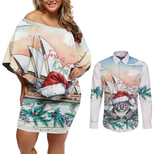 Australia Christmas Couples Matching Off Shoulder Short Dress and Long Sleeve Button Shirt Koala Santa Sydney Opera House Watercolor - Aussie Hoodie
