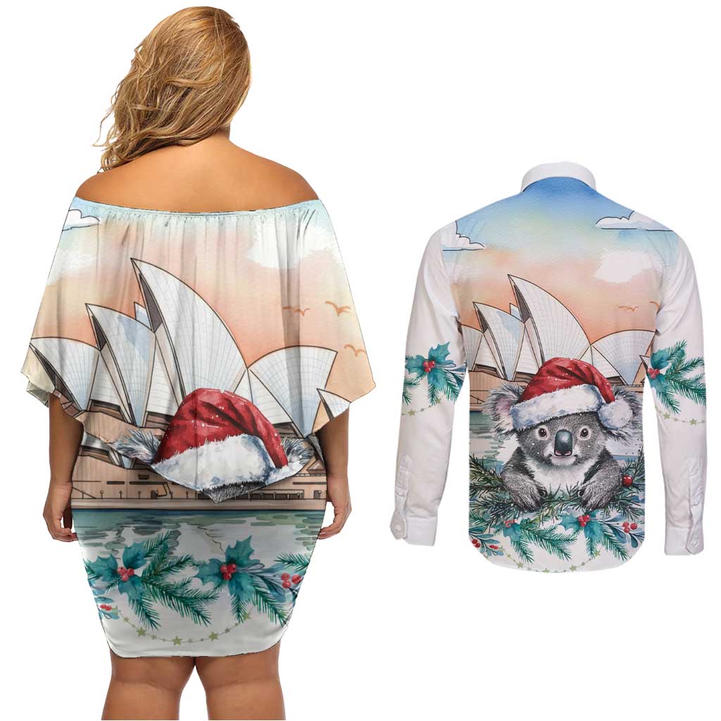 Australia Christmas Couples Matching Off Shoulder Short Dress and Long Sleeve Button Shirt Koala Santa Sydney Opera House Watercolor - Aussie Hoodie