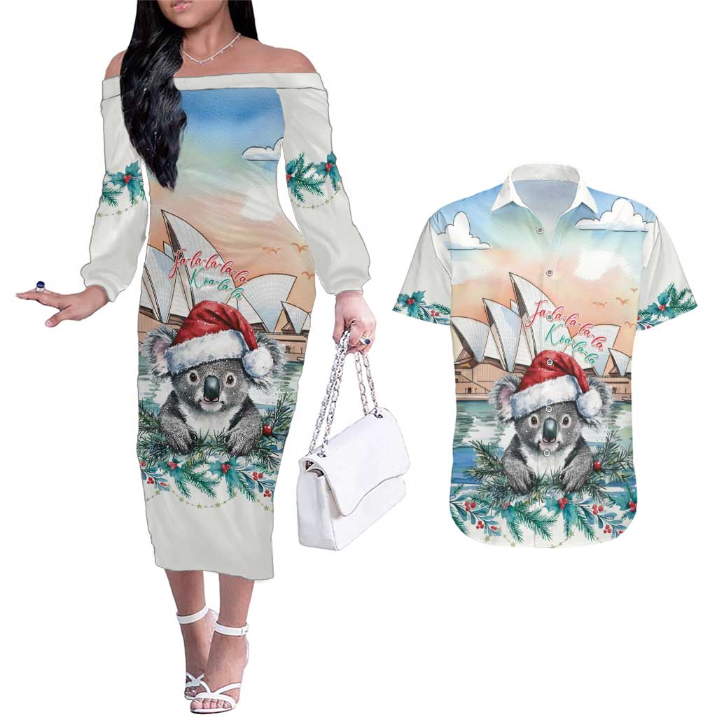 Australia Christmas Couples Matching Off The Shoulder Long Sleeve Dress and Hawaiian Shirt Koala Santa Sydney Opera House Watercolor - Aussie Hoodie