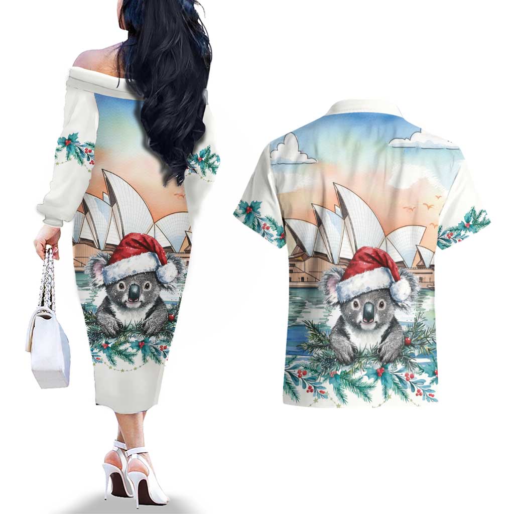 Australia Christmas Couples Matching Off The Shoulder Long Sleeve Dress and Hawaiian Shirt Koala Santa Sydney Opera House Watercolor - Aussie Hoodie