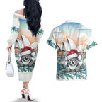 Australia Christmas Couples Matching Off The Shoulder Long Sleeve Dress and Hawaiian Shirt Koala Santa Sydney Opera House Watercolor - Aussie Hoodie