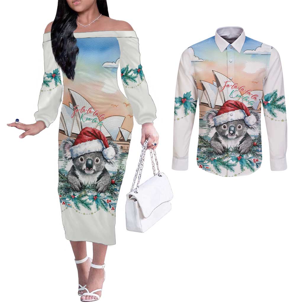 Australia Christmas Couples Matching Off The Shoulder Long Sleeve Dress and Long Sleeve Button Shirt Koala Santa Sydney Opera House Watercolor - Aussie Hoodie