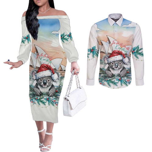 Australia Christmas Couples Matching Off The Shoulder Long Sleeve Dress and Long Sleeve Button Shirt Koala Santa Sydney Opera House Watercolor - Aussie Hoodie