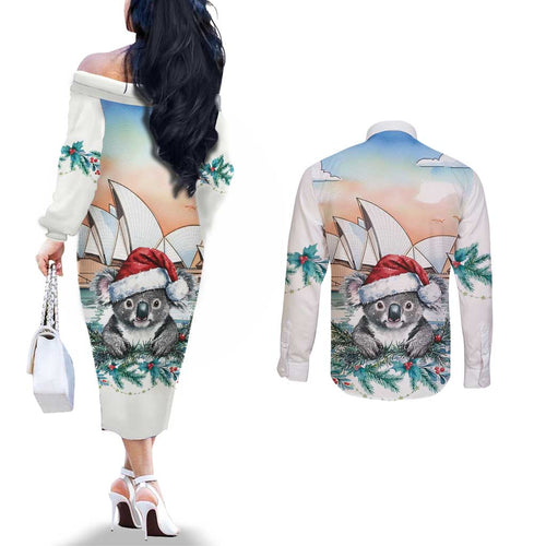 Australia Christmas Couples Matching Off The Shoulder Long Sleeve Dress and Long Sleeve Button Shirt Koala Santa Sydney Opera House Watercolor - Aussie Hoodie