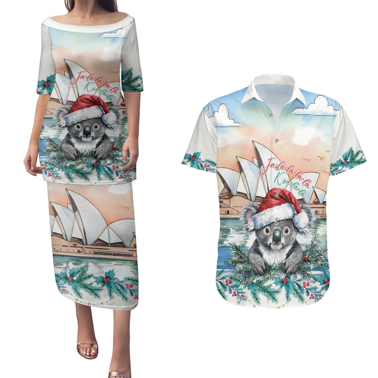 Australia Christmas Couples Matching Puletasi and Hawaiian Shirt Koala Santa Sydney Opera House Watercolor - Aussie Hoodie