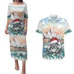 Australia Christmas Couples Matching Puletasi and Hawaiian Shirt Koala Santa Sydney Opera House Watercolor - Aussie Hoodie