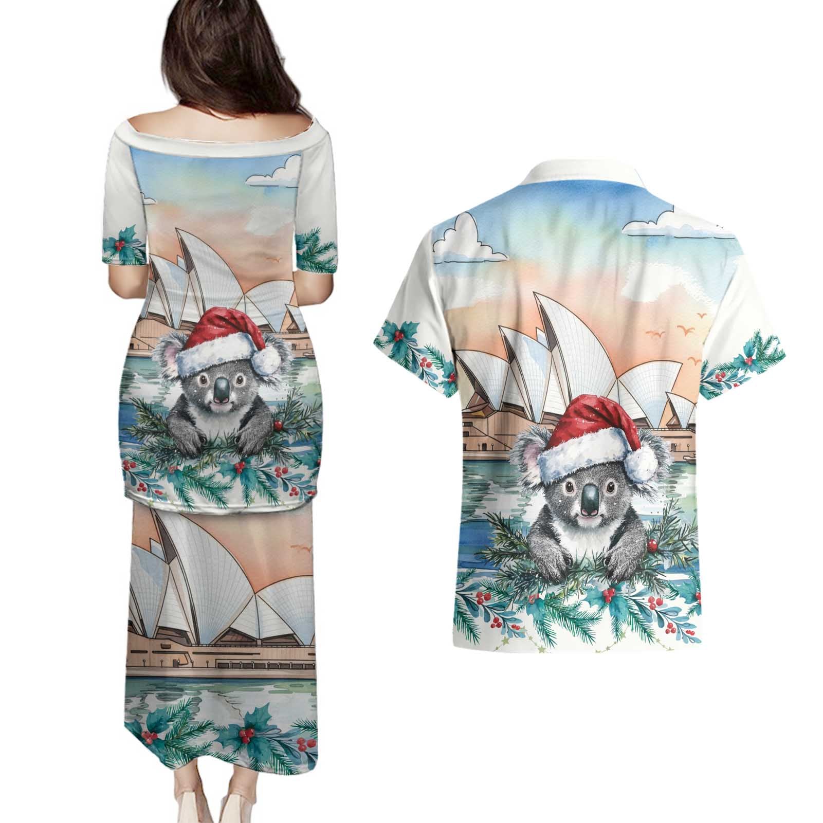 Australia Christmas Couples Matching Puletasi and Hawaiian Shirt Koala Santa Sydney Opera House Watercolor - Aussie Hoodie