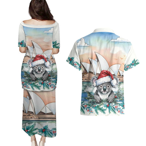 Australia Christmas Couples Matching Puletasi and Hawaiian Shirt Koala Santa Sydney Opera House Watercolor - Aussie Hoodie