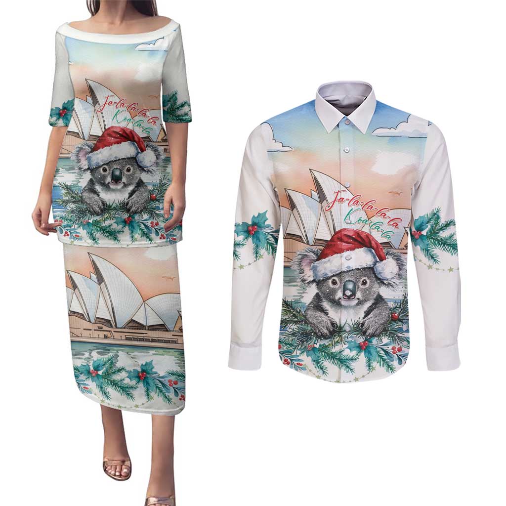 Australia Christmas Couples Matching Puletasi and Long Sleeve Button Shirt Koala Santa Sydney Opera House Watercolor - Aussie Hoodie