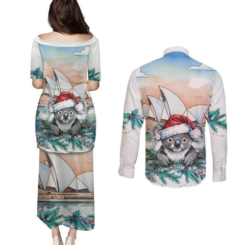 Australia Christmas Couples Matching Puletasi and Long Sleeve Button Shirt Koala Santa Sydney Opera House Watercolor - Aussie Hoodie