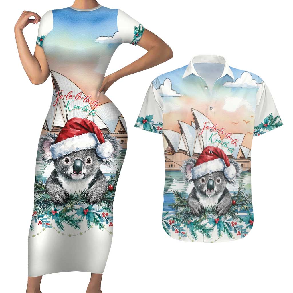 Australia Christmas Couples Matching Short Sleeve Bodycon Dress and Hawaiian Shirt Koala Santa Sydney Opera House Watercolor - Aussie Hoodie