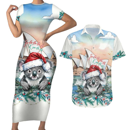 Australia Christmas Couples Matching Short Sleeve Bodycon Dress and Hawaiian Shirt Koala Santa Sydney Opera House Watercolor - Aussie Hoodie