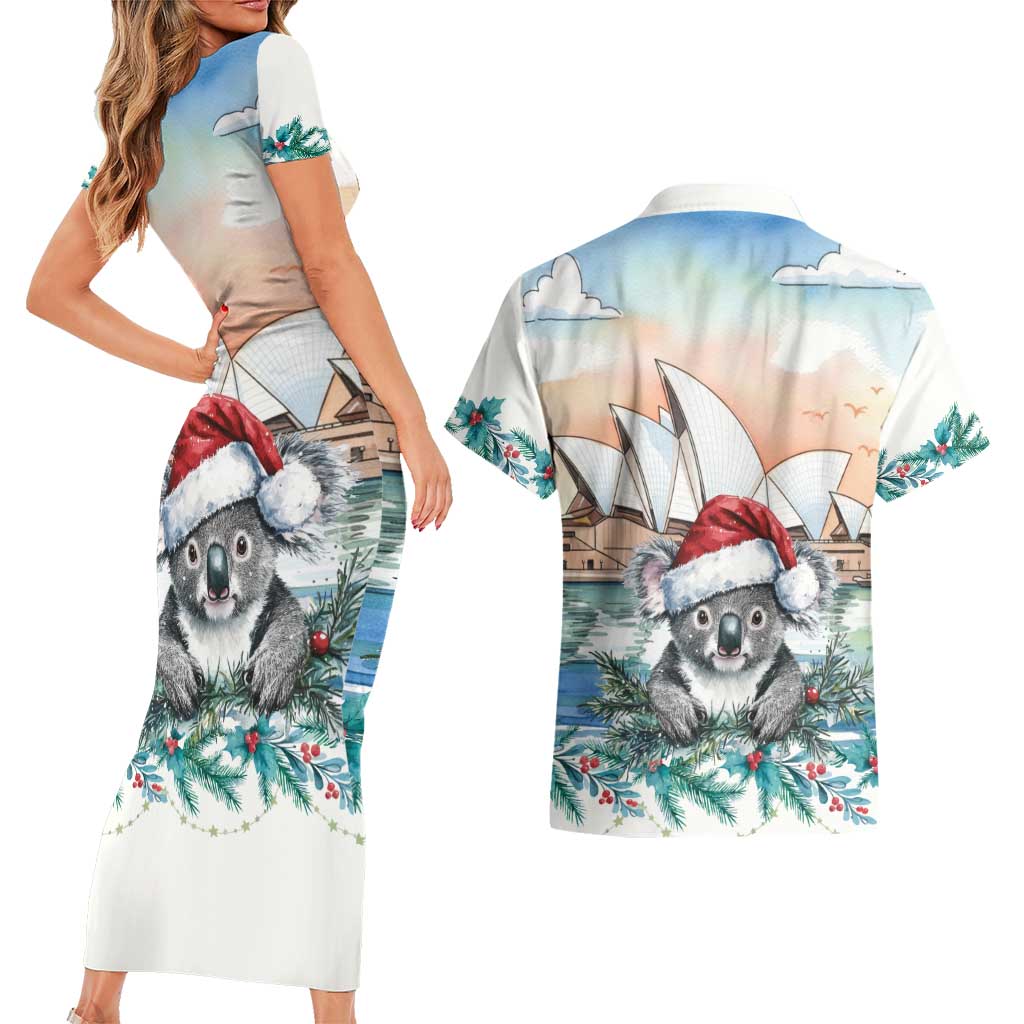 Australia Christmas Couples Matching Short Sleeve Bodycon Dress and Hawaiian Shirt Koala Santa Sydney Opera House Watercolor - Aussie Hoodie