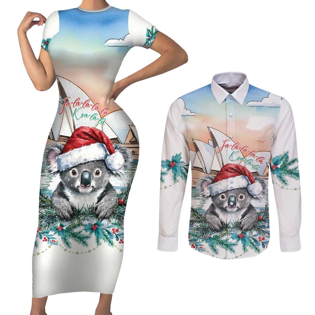 Australia Christmas Couples Matching Short Sleeve Bodycon Dress and Long Sleeve Button Shirt Koala Santa Sydney Opera House Watercolor - Aussie Hoodie