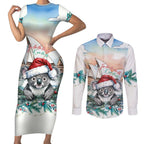 Australia Christmas Couples Matching Short Sleeve Bodycon Dress and Long Sleeve Button Shirt Koala Santa Sydney Opera House Watercolor - Aussie Hoodie