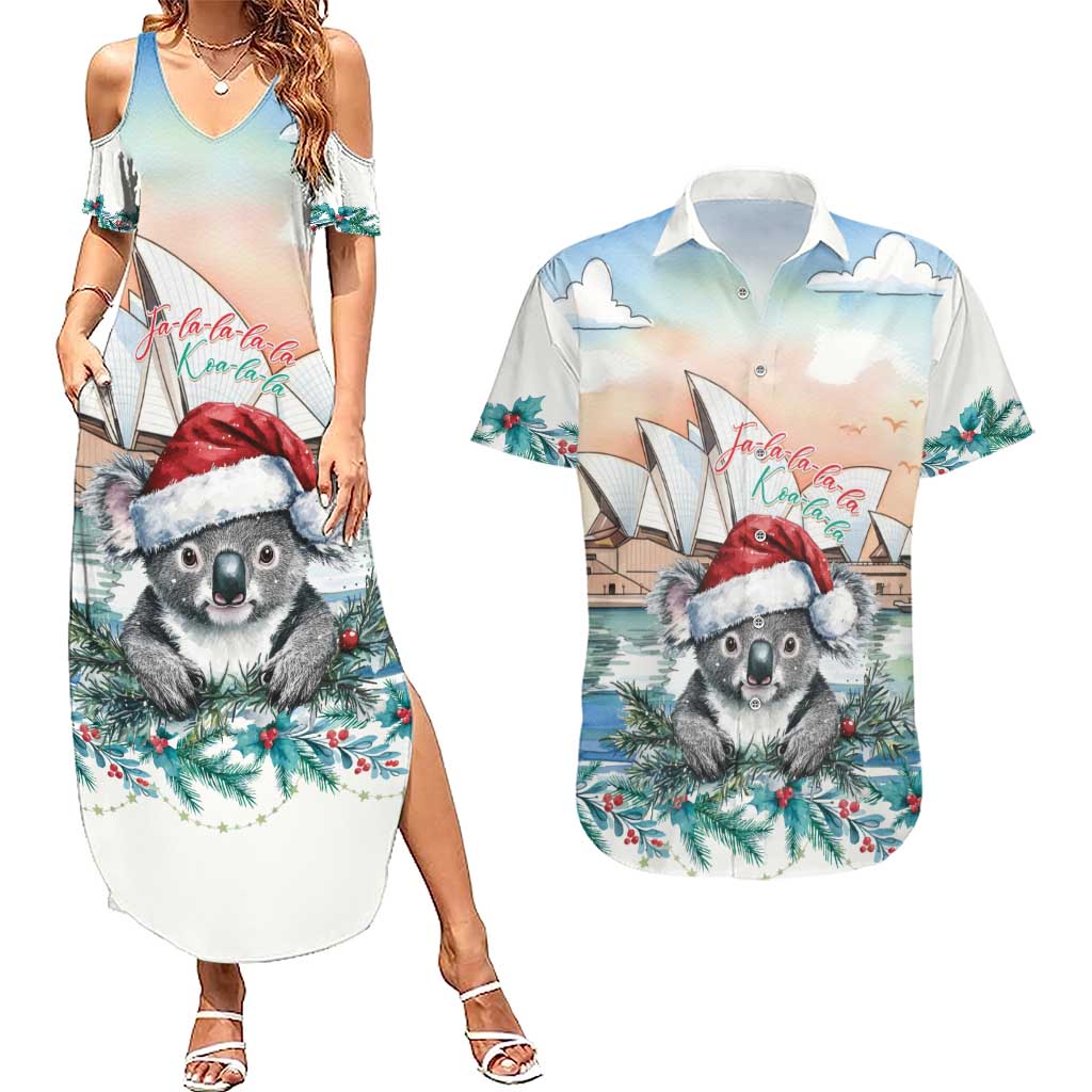 Australia Christmas Couples Matching Summer Maxi Dress and Hawaiian Shirt Koala Santa Sydney Opera House Watercolor - Aussie Hoodie