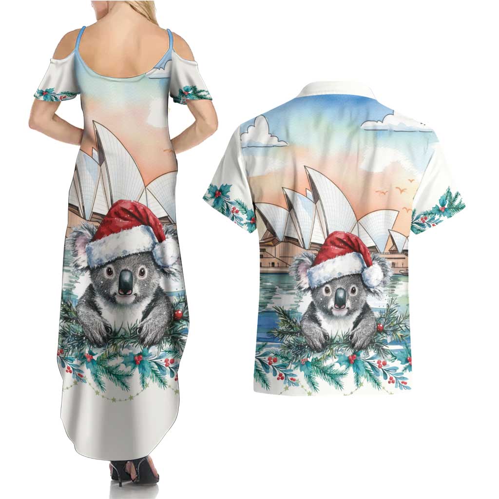 Australia Christmas Couples Matching Summer Maxi Dress and Hawaiian Shirt Koala Santa Sydney Opera House Watercolor - Aussie Hoodie