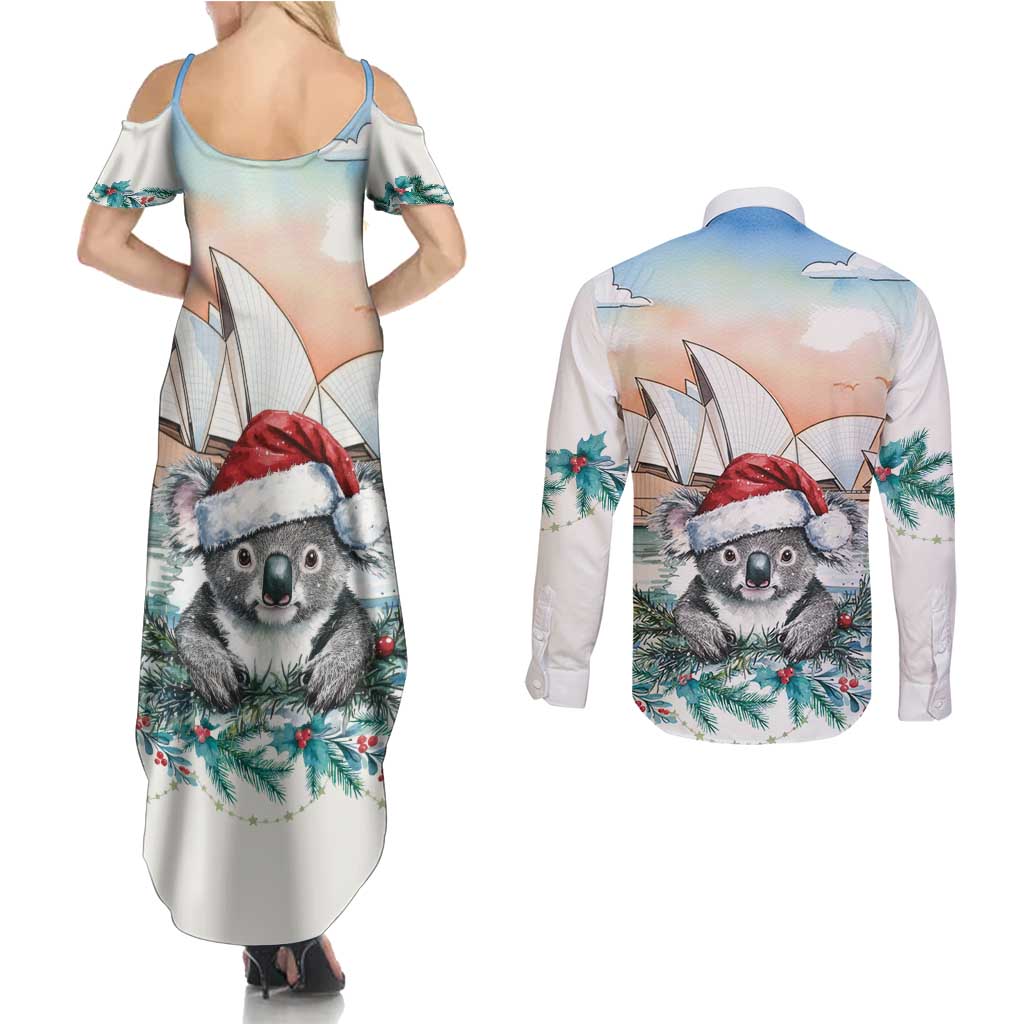 Australia Christmas Couples Matching Summer Maxi Dress and Long Sleeve Button Shirt Koala Santa Sydney Opera House Watercolor - Aussie Hoodie