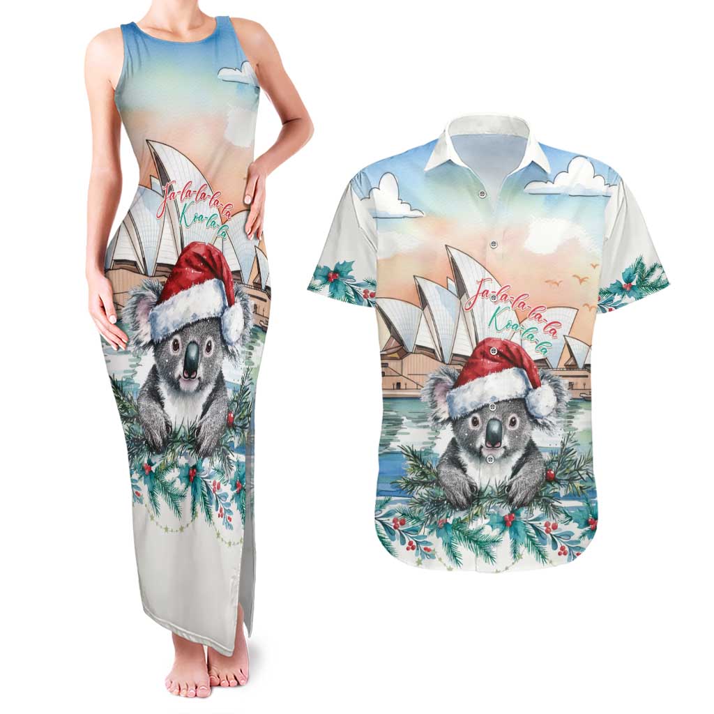 Australia Christmas Couples Matching Tank Maxi Dress and Hawaiian Shirt Koala Santa Sydney Opera House Watercolor - Aussie Hoodie