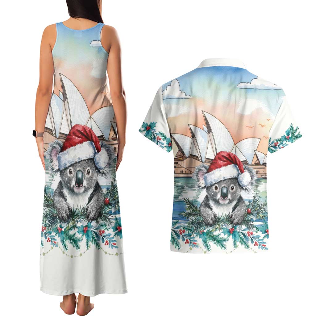 Australia Christmas Couples Matching Tank Maxi Dress and Hawaiian Shirt Koala Santa Sydney Opera House Watercolor - Aussie Hoodie