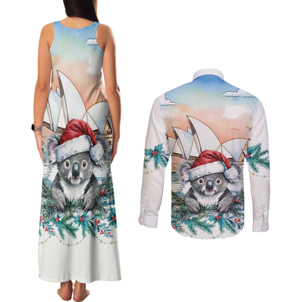 Australia Christmas Couples Matching Tank Maxi Dress and Long Sleeve Button Shirt Koala Santa Sydney Opera House Watercolor - Aussie Hoodie