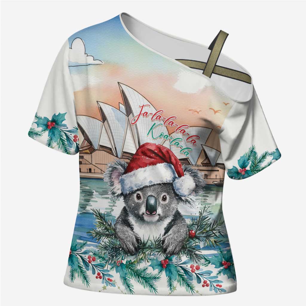 Australia Christmas Cross Shoulder Shirt Koala Santa Sydney Opera House Watercolor - Aussie Hoodie