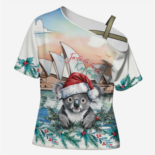 Australia Christmas Cross Shoulder Shirt Koala Santa Sydney Opera House Watercolor - Aussie Hoodie