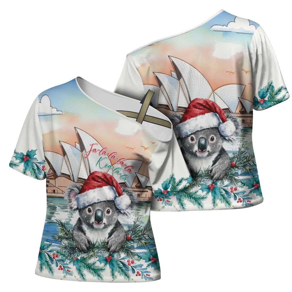 Australia Christmas Cross Shoulder Shirt Koala Santa Sydney Opera House Watercolor - Aussie Hoodie