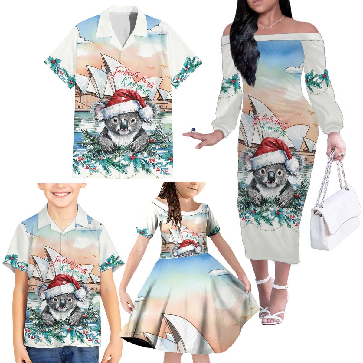 Australia Christmas Family Matching Off The Shoulder Long Sleeve Dress and Hawaiian Shirt Koala Santa Sydney Opera House Watercolor - Aussie Hoodie