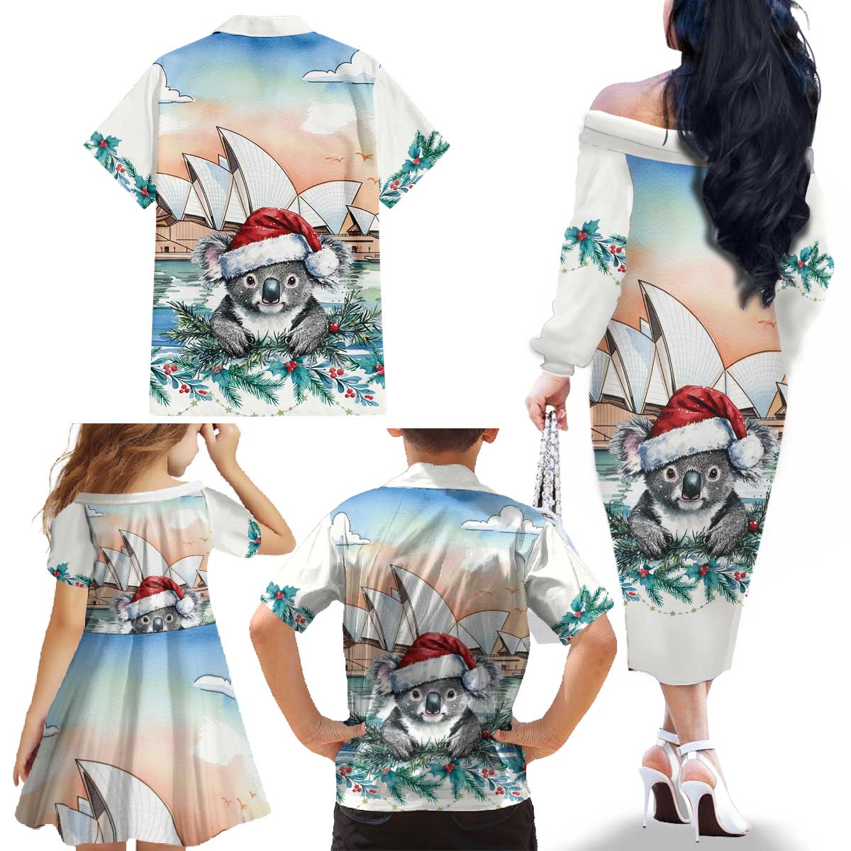 Australia Christmas Family Matching Off The Shoulder Long Sleeve Dress and Hawaiian Shirt Koala Santa Sydney Opera House Watercolor - Aussie Hoodie