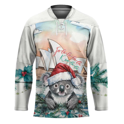 Australia Christmas Hockey Jersey Koala Santa Sydney Opera House Watercolor - Aussie Hoodie