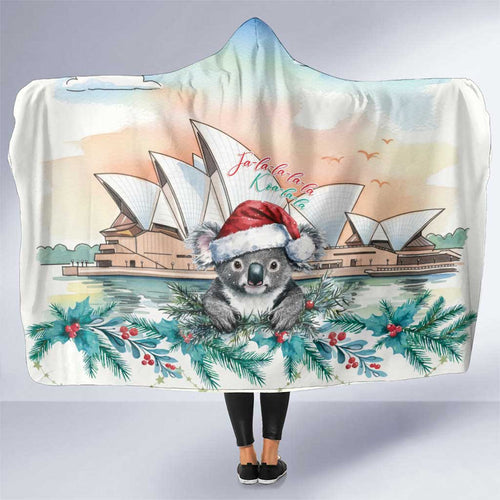 Australia Christmas Hooded Blanket Koala Santa Sydney Opera House Watercolor - Aussie Hoodie