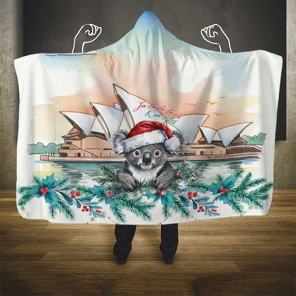 Australia Christmas Hooded Blanket Koala Santa Sydney Opera House Watercolor - Aussie Hoodie