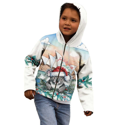 Australia Christmas Kid Hoodie Koala Santa Sydney Opera House Watercolor - Aussie Hoodie