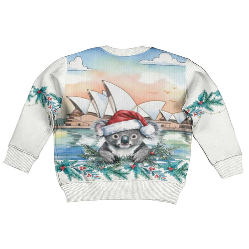 Australia Christmas Kid Ugly Christmas Sweater Koala Santa Sydney Opera House Watercolor - Aussie Hoodie