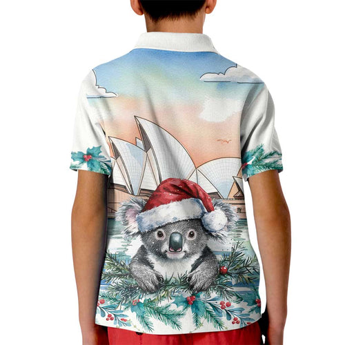 Australia Christmas Kid Polo Shirt Koala Santa Sydney Opera House Watercolor - Aussie Hoodie
