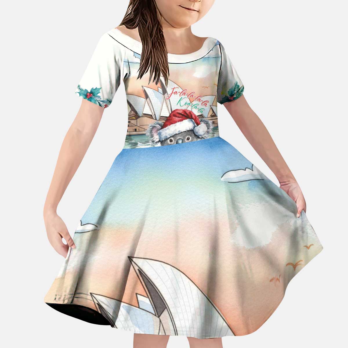 Australia Christmas Kid Short Sleeve Dress Koala Santa Sydney Opera House Watercolor - Aussie Hoodie