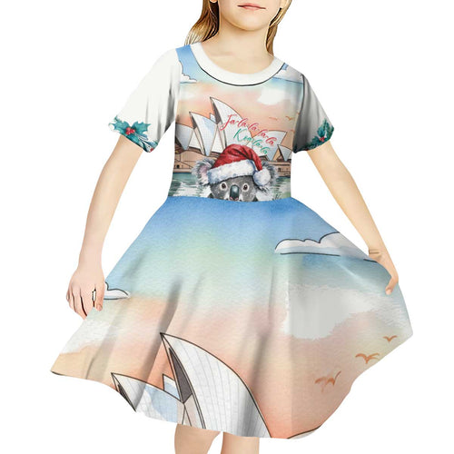 Australia Christmas Kid Short Sleeve Dress Koala Santa Sydney Opera House Watercolor - Aussie Hoodie