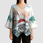 Australia Christmas Kimono Sleeve Blouse Koala Santa Sydney Opera House Watercolor - Aussie Hoodie