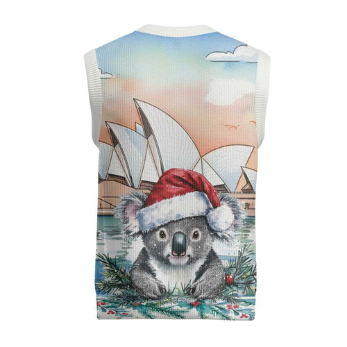 Australia Christmas Knitted V-Neck Vest Koala Santa Sydney Opera House Watercolor - Aussie Hoodie