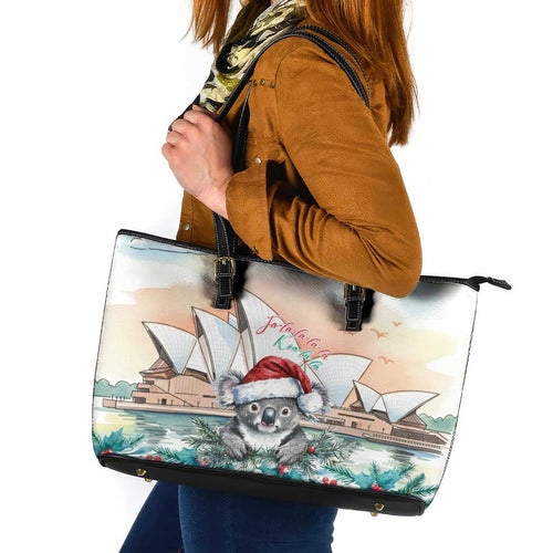 Australia Christmas Leather Tote Bag Koala Santa Sydney Opera House Watercolor - Aussie Hoodie